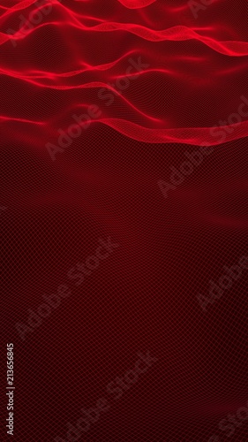 Abstract landscape on a red background. Cyberspace grid. Hi-tech network. Vertical image orientation. 3D illustration