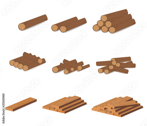 Wooden logs. Brown bark of felled dry wood. Purchase for construction. Vector illustration. A set of wooden straps for wood, an illustration of the industry of wood materials. Wood boards
