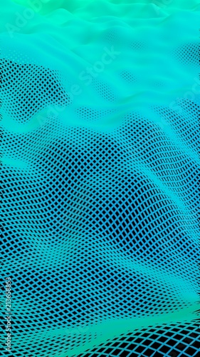 Abstract landscape on a dark background. Cyberspace grid. Hi-tech network. Vertical image orientation. 3D illustration