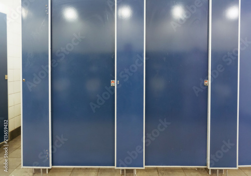 Blue public toilet doors
