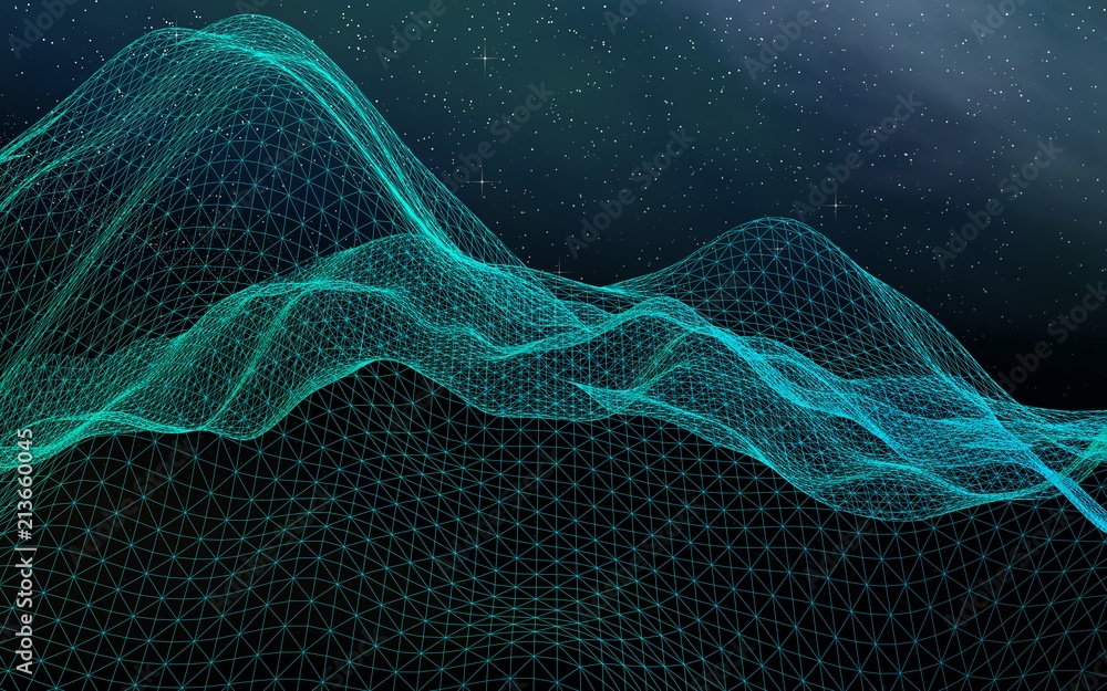 Fototapeta premium Abstract landscape on a dark background. Cyberspace grid. Hi-tech network. Outer space. Starry outer space texture. 3D illustration