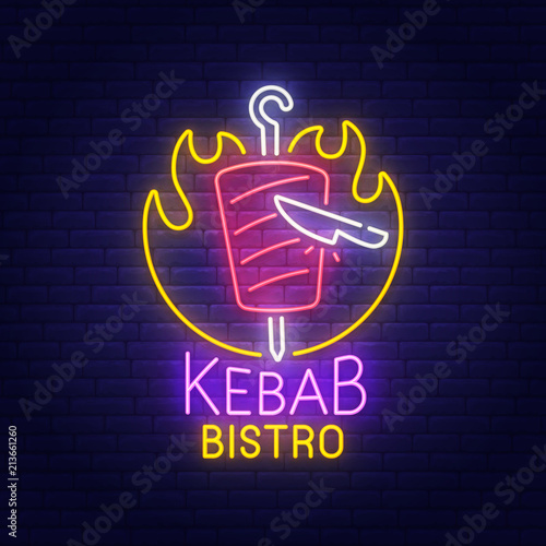 Kebab Bistro neon sign, bright signboard, light banner. Shawarma cafe logo and emblem. Vector illustration