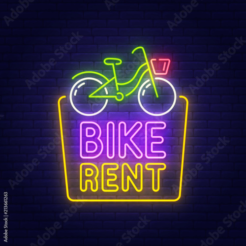 Bike rent neon sign, bright signboard, light banner. Bike logo, emblem. Vector illustration