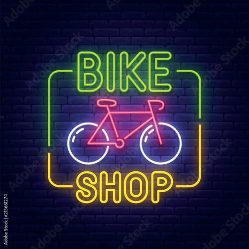 Bike shop neon sign, bright signboard, light banner. Bike logo, emblem. Vector illustration
