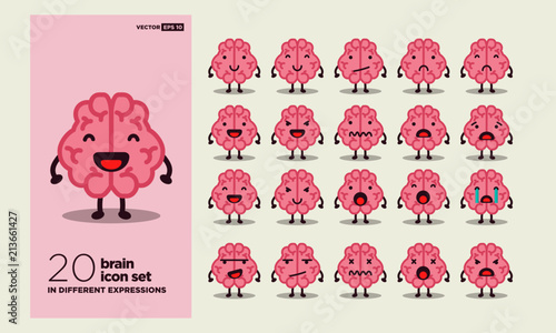 Set of Brain Emoji Line Icons In Different Expressions