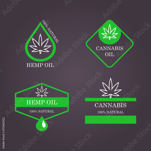 Marijuana leaf. Medical cannabis. Hemp oil. Natural cannabis. Icon product label and logo graphic template. Isolated vector illustration.
