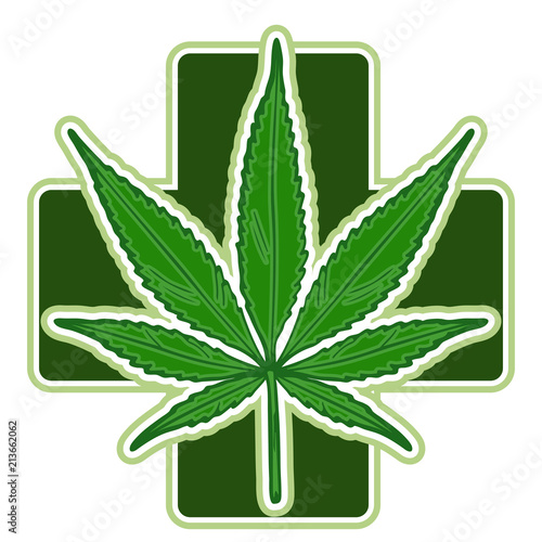 Marijuana leaf. Medical cannabis. Hemp oil. Natural cannabis. Icon product label and logo graphic template. Isolated vector illustration.