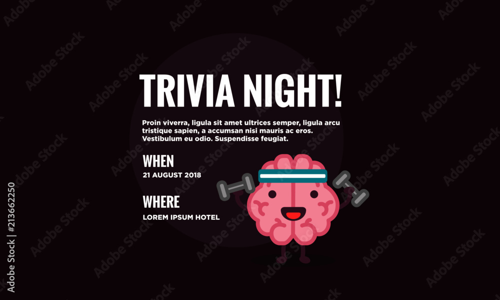Trivia Night Poster with Brain Cartoon Vector Illustration with Text ...