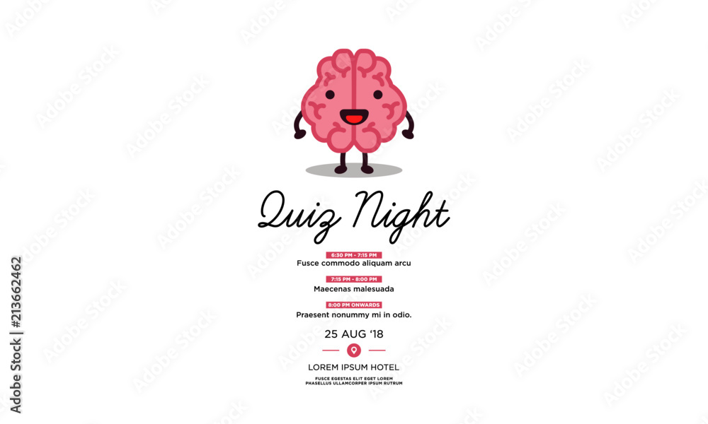 Quiz Night Poster with Brain Cartoon Vector Illustration with Text Template Quiz Night Poster with Brain Cartoon Vector Illustration with Text Template