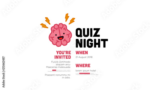 Quiz Night Poster with Brain Cartoon Vector Illustration with Text Template