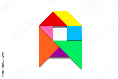 Color tangram puzzle in english alphabet a shape on white background