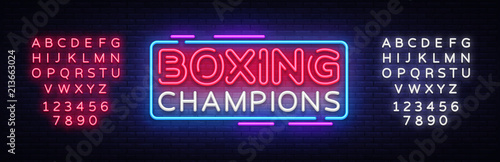Boxing Champions neon sign vector. Boxing Design template neon sign, light banner, neon signboard, nightly bright advertising, light inscription. Vector illustration. Editing text neon sign