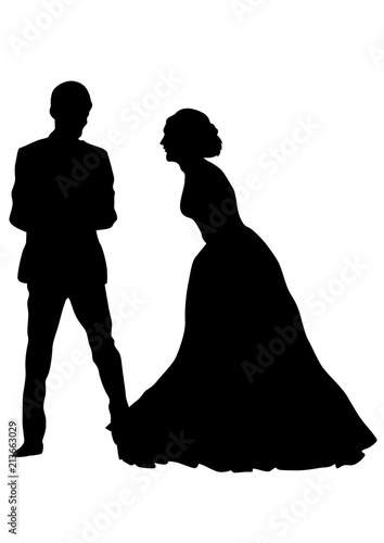 Young couple in wedding clothes on a white background