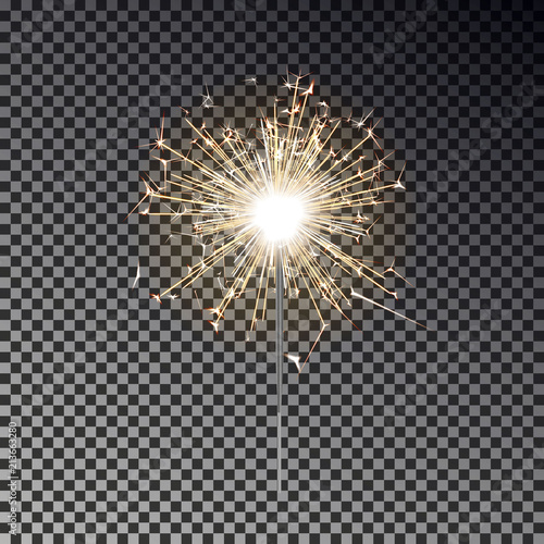 Bengal fire. New year sparkler candle isolated on transparent background. Realistic vector light eff photo