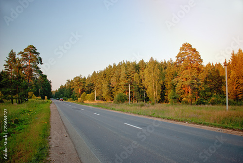 Sunset on the road in the forest