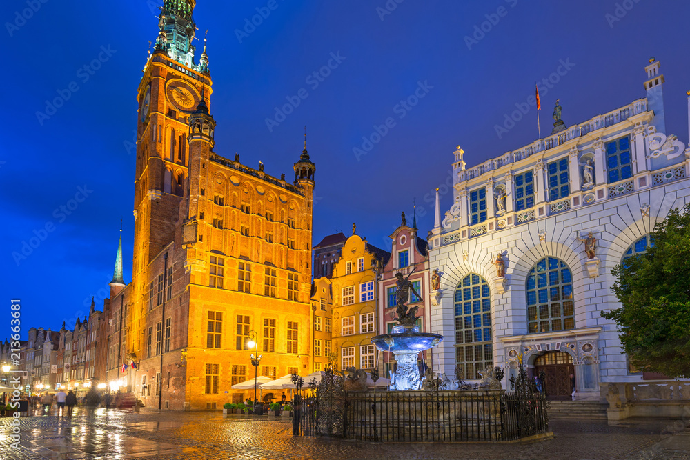 Architecture of the Long Lane in Gdansk at rainy night, Poland
