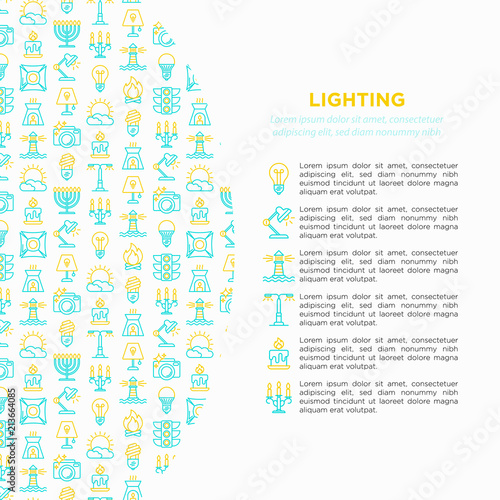 Lighting concept with thin line icons: bulb, LED, CFL, candle, table lamp, sunlight, spotlight, flash, candelabrum, bonfire, menorah, lighthouse. Modern vector illustration, print media template.