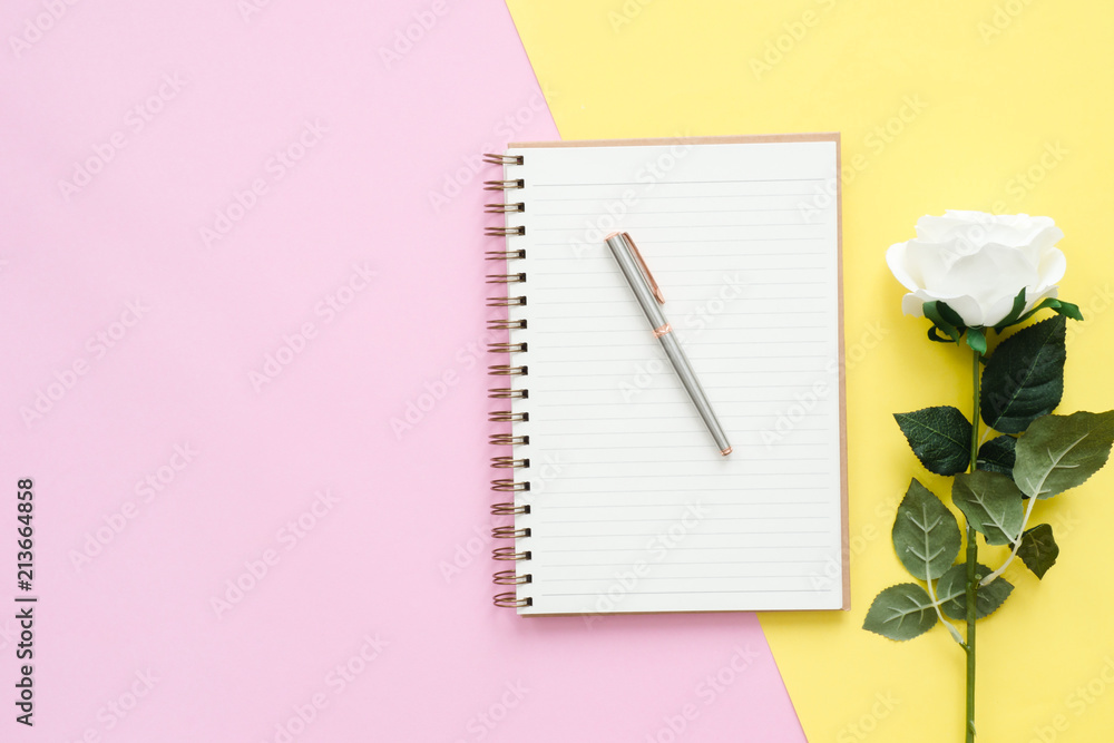 Creative flat lay photo of workspace desk. Top view office desk with open mock up notebooks and pencil and plant on pink yellow pastel color background. Top view with copy space, flat lay photography. Creative flat lay photo of workspace desk. Top view office desk with open mock up notebooks and pencil and plant on pink yellow pastel color background. Top view with copy space, flat lay photography.