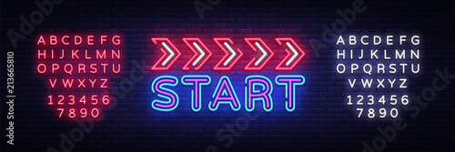 Start Neon sign vector design template. Start Race neon text, light banner design element colorful modern design trend, night bright advertising, bright sign. Vector. Editing text neon sign