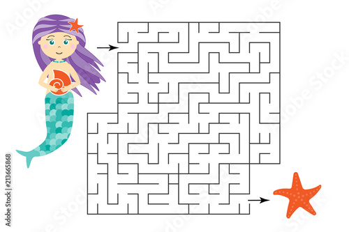 Labyrinth game, help the mermaid to find a way out of the maze, cute cartoon character, preschool worksheet activity for kids, task for the development of logical thinking, vector illustration