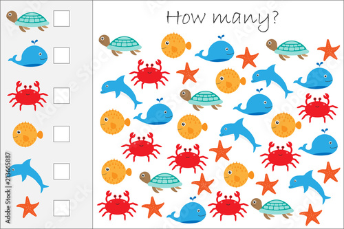 How many counting game with ocean animals for kids, educational maths task for the development of logical thinking, preschool worksheet activity, count and write the result, vector illustration