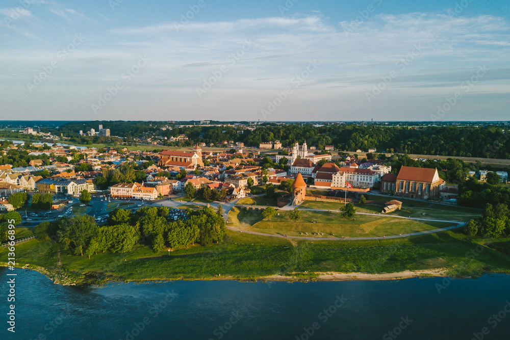 Aerial view of Kaunas old town. Kaunas is the second-largest city in country and has historically been a leading centre of economic, academic, and cultural life