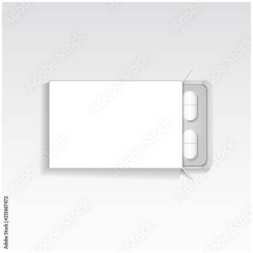Package with oval tablets medicines mock up vector template. Painkillers, antibiotics, vitamins, aspirin tablets