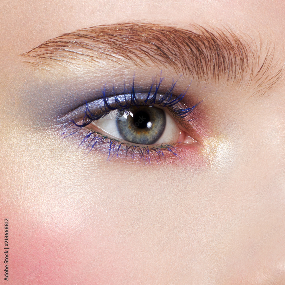 Beautiful blue eyes with bright creative cosmetics. Long eyebrows and dense eyelashes create the fashionable image. Evening cosmetics, cosmetics, cosmetology Beautiful blue eyes with bright creative cosmetics. Long eyebrows and dense eyelashes create the fashionable image. Evening cosmetics, cosmetics, cosmetology