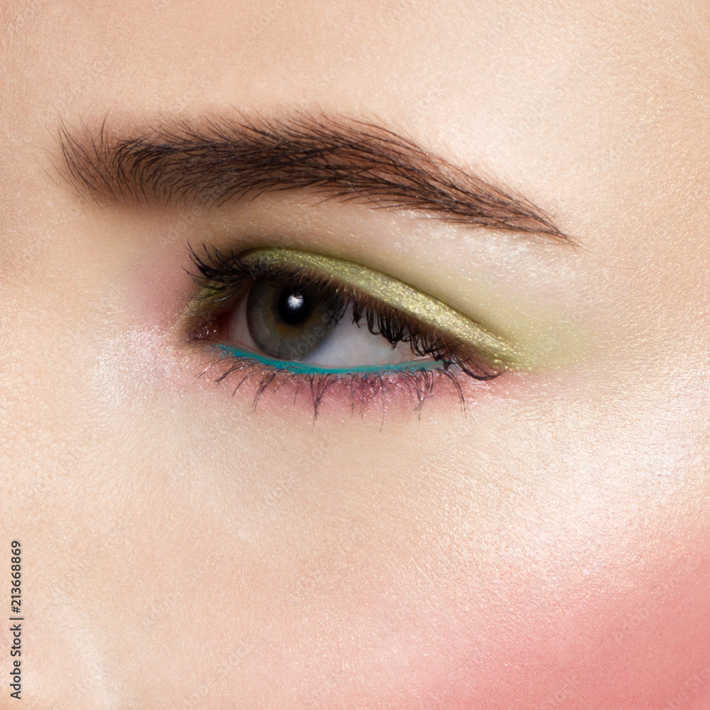 Beautiful blue eyes with bright creative cosmetics. Long eyebrows and dense eyelashes create the fashionable image. Evening cosmetics, cosmetics, cosmetology Beautiful blue eyes with bright creative cosmetics. Long eyebrows and dense eyelashes create the fashionable image. Evening cosmetics, cosmetics, cosmetology