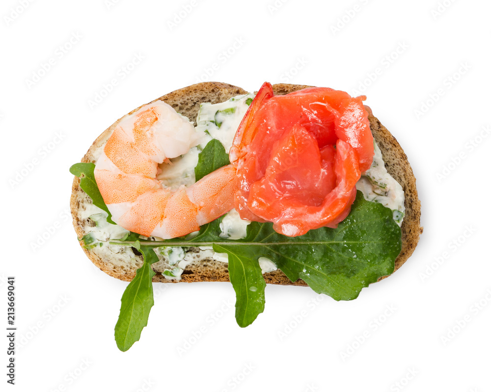 Small sandwich with shrimp, salmon and arugula isolated on white Small sandwich with shrimp, salmon and arugula isolated on white