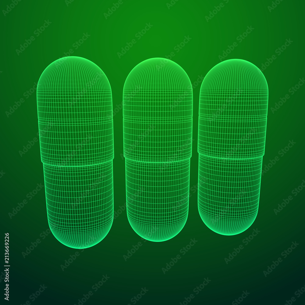Medical capsule pill wireframe low poly mesh object. Vector illustration Medical capsule pill wireframe low poly mesh object. Vector illustration