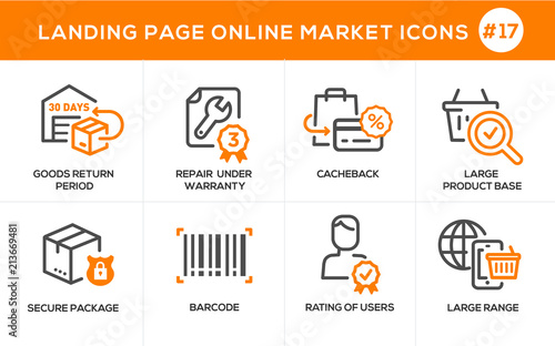 Flat line design concept icons online shopping, e-commerce m-commerce services, payment procedure, support, delivery process, online order procedure, website banner and landing page