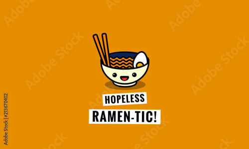 Hopeless Ramentic Ramen Bowl Pun Poster Vector Illustration in Flat Style Line Art