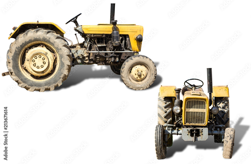 Fototapeta premium An old tractor produced in the 70s of the 20th century.Two isolated photos.Front and side view of the agricultural machine.Åquipment for a dairy farm.
