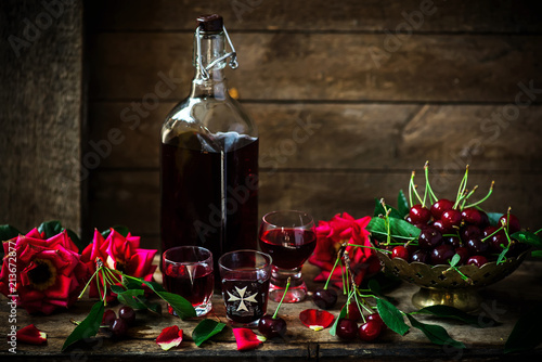 cherry liqueur kirsch..style vintage. selective focus photo