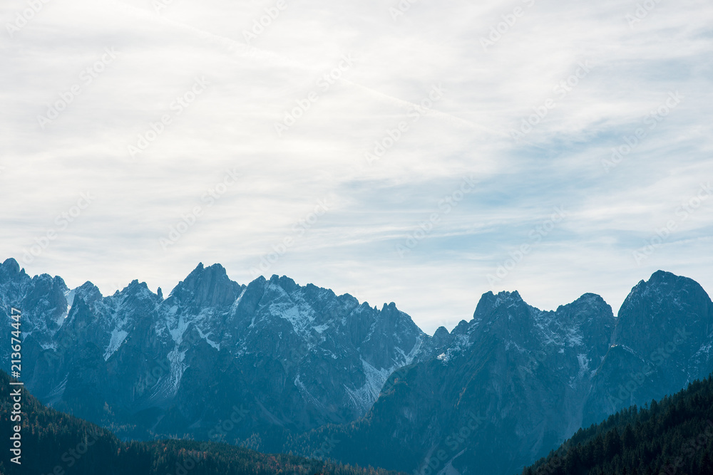 Marvelous panoramic landscape view of Austrian Alps with sharp snowy summits.