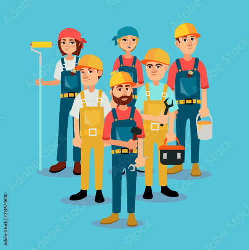 The brigade of builders in bright working clothes. Vector illustration