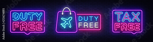 Duty Free neon signboard collection vector. Tax free neon glowing letters shining, Light Banner, neon text. Vector illustration. Billboard