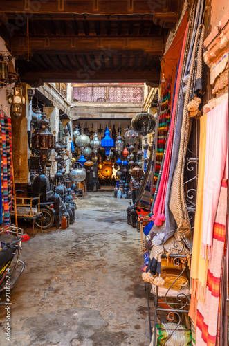 Street of Marrakech market with traditional souvenirs, Morocco