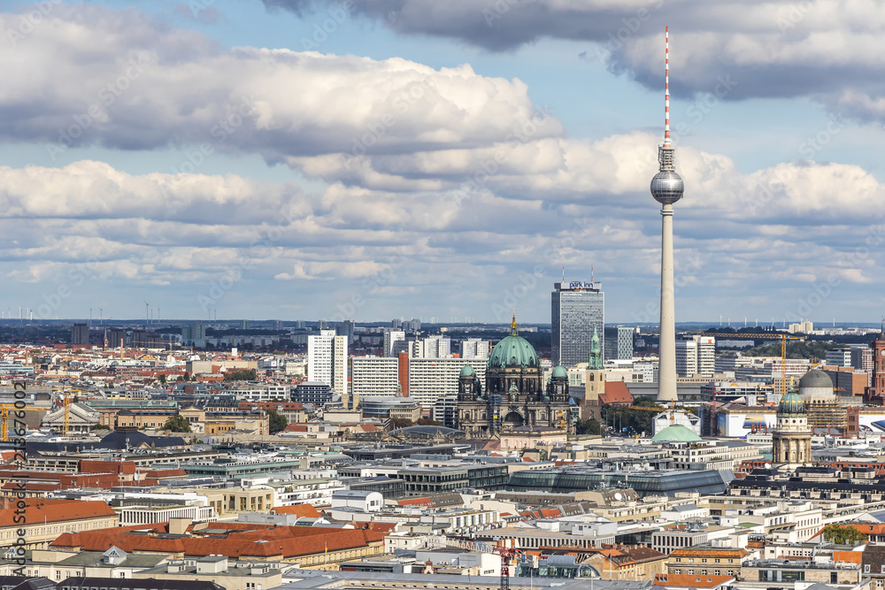 Aerial view of Berlin skyline with famous TV tower and Berliner Dom, Germany