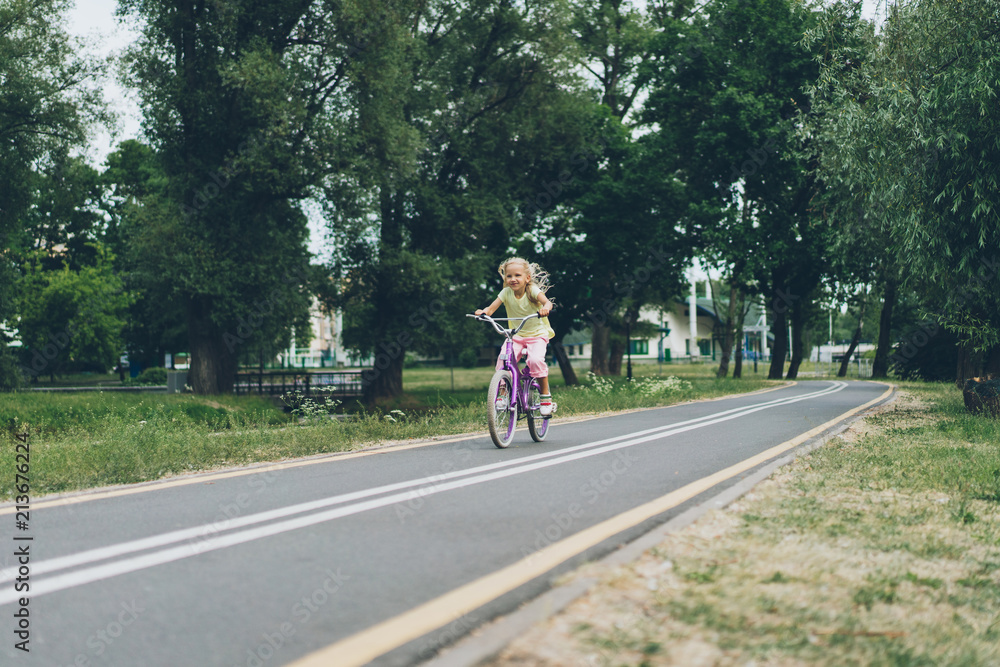 little child riding bicycle on road in park on summer day