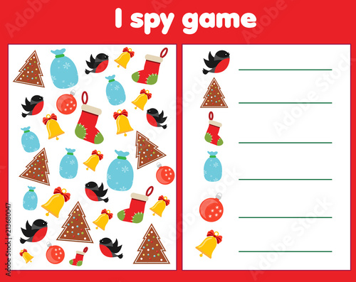 I spy game for toddlers. Find and count objects. Counting educational activity for children and kids. Christmas and new year holidays theme.