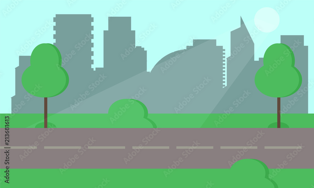 City park and trees. Flat style illustration. On background business city center with skyscrapers and large buildings. Green park vegetation in center of big town