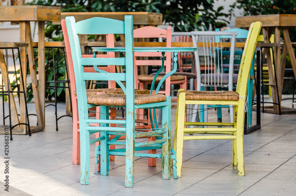 Chairs in the garden restaurant in Leptokaria, Greece Chairs in the garden restaurant in Leptokaria, Greece