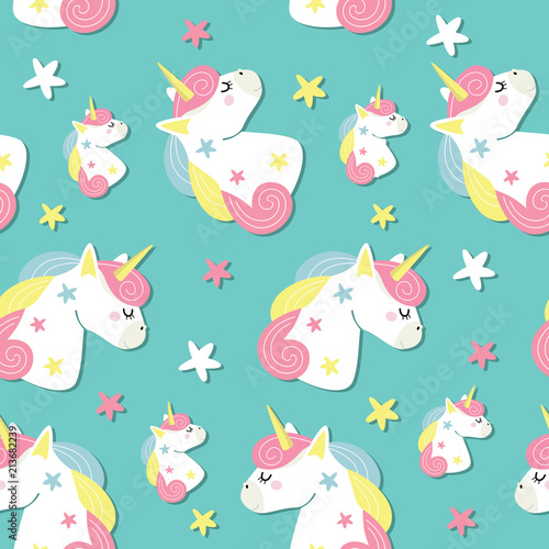 seamless background of vector cheerful drawings for children of unicorn and stars on blue background