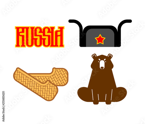 Russia set sign icon. Bast shoes and bear. Ushanka and red star. Russian National Folk symbol. Vector illustration