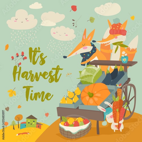 Cute foxes with wheelbarrow with fruits and vegetables in autumn forest