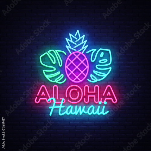 Aloha neon sign vector. Aloha Hawaii Design template neon sign, summer light banner, neon signboard, nightly bright advertising, light inscription. Vector Illustration