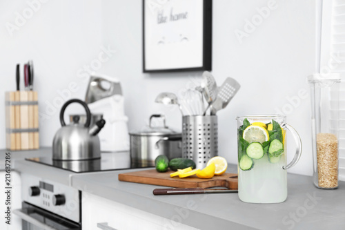 Modern kitchen interior with new furniture and different utensils