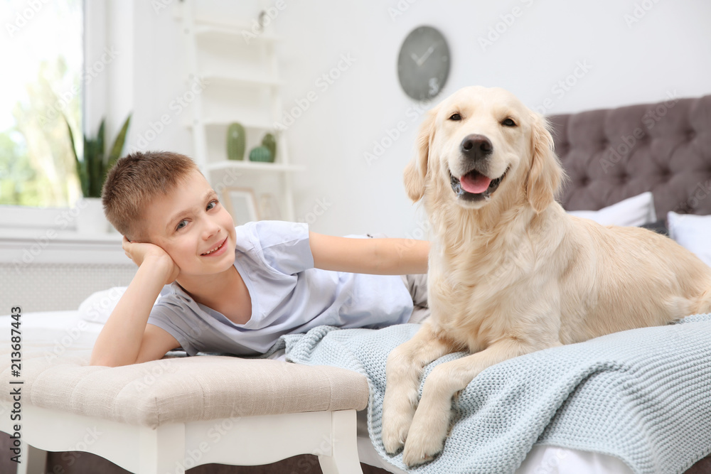 Cute little child with his pet on bed at home Cute little child with his pet on bed at home